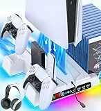 OIVO PS5 Standfuß mit 3 Stufen Lüfter und PS5 Controller Ladestation für PS5/PS5 Slim Konsole, PS5 Ständer mit RGB Licht/3 USB Anschlüsse/Remote- und 14 Spiele Steckplätze für PS5 Slim Zubehör
