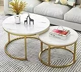 OHMG Set aus 2 runden Satztischen, Couchtische, 70/50cm, runder Beistelltisch, modernes Design, Wohnzimmertisch aus Marmor, mit Stahlfuß (Weiß+Gold-70 * 70 * 45cm)