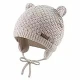 XIAOHAWANG Baby Wintermütze Jungen Mädchen Warmer Strickmützen Weicht Baumwolle-Futter mit Süße Bärenohren Winter Babymütze(Beige, 0-6 Months)