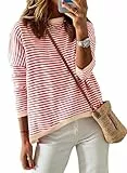 Cuptacc Pullover Damen Gestreiftes Sweatshirt Damen Rundhals Langarm Pulli Damen Elegant Baumwolle Tshirts BeigeRed Mittel M 38-40