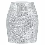 Aupuls Rock Damen Glitzer Rock Weihnachten Rock Damen Fasching Glitzer Rock Silber Minirock Damen Sexy Body Rock Glitzer Rock Karneval Damen Rock Silber Metallic Damen Silberner Rock AUPR001SilverS