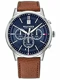 Tommy Hilfiger Herren Multifunktions-Quarzuhr mit 44 mm - Marineblaues Zifferblatt, Heller Braun Lederarmband, 3 Unterzifferblätter, Wasserfest bis 5ATM - 1791629