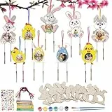HONMOK 9 Stück Ostern Fotorahmen Windspiel Bastelset Kinder Ostern Basteln Holz Ostereier Osterküken Osterhasen Bilderrahmen zum Basteln und Bemalen DIY Bastelhandwerk für Osterdeko Frühling