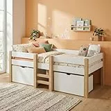Bellabino Aspy Kinderbett 90x200 cm – Hochbett mit 2 Schubladen, Rausfallschutz & Lattenrost – Halbhochbett mit Leiter aus Kiefer Massivholz in Weiß/Natur – Jugendbett mit Stauraum