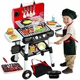Kinder Küche Spielzeug Barbecue Grill Spielsatz Kochen Interaktives Spielzeug mit Rauch Klang Licht Simulation Koch Schürze Hut Kleiner Koch Pretend Spielen Zubehör Weihnachten Geburtstagsgeschenk