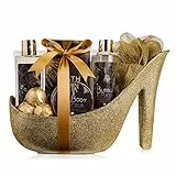 Accentra - Geschenkset Frauen Vanille-Mandelduft - Luxury Beauty Set mit Duschgel, Badesalz, Bodylotion, Scrub & Netzschwamm etc. – 9-Teiliges Bade Set für Frauen mit Glitzer Keramik-Stiletto