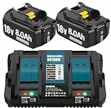 Hohe Kapazität 18V 8.0A/8000mAh Verbesserte 2X Ersatzakku für ma-Kita BL1860B + Dual Port 6A Ladegerät für DC18RD Kompatibel für BL1860B BL1860 BL1850B BL1840BB B1815 BL1830 with LED Werkzeugakku.