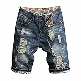 Ashion Herren-Jeans-Shorts, locker, lässig, zerrissen, ausgefranst, Blumenmuster, Denim-Shorts, Herren-Hosenträger für Hosen mit Knöpfen, Arbeitshose, elastische Taille, blau, 48