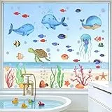 Fensterbilder Sommer,9 Blatt ozean Fensterbilder Kinder Selbstklebend Fensteraufkleber unterwasserwelt Fensterfolie Beidseitig Fenster Sticker,für Kinderzimmer Küche Sommer Fensterdeko
