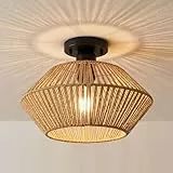 Boho Rattan Deckenleuchte Vintage E27 – Handgewebter Papierrattan Lampenschirm, 33cm Rustikal Deckenlampe für Schlafzimmer, Wohnzimmer, Flur, Küche & Esszimmer, Korb-Design, Schwarz (Ohne Leuchtmittel