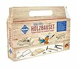 Pebaro 465 Holzbauset im Tragegriff-Karton, 25 Teile, praktische Kofferverpackung, für kreative Baumeister, inkl. Vollholz Naturstäben und Werkzeug, Basteln, Geschenkidee für Kinder