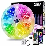 Led Strip 15m, RGB Led Streifen, Bluetooth Smart Led Band Selbstklebend, Led Leiste mit Fernbedienung und APP, Led Lichtband Dimmbar, Musik Sync, Timer-Einstellung für Gaming Zimmer, Küche, Party…