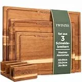 Twinzee Schneidebrett 3er Set (40 x 30/33 x 24/26 x 18 cm) aus Massiver Akazie - Schneidebrett Holz mit Brettständer, 2cm dicke Holzbretter, mit Saftrille