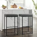 ALPHA HOME Barhocker 2er Set mit Fußstütze Grau 76cm Barstuhl ohne Lehne Barhocker Pu-Leder Sitzhöhe Barstühle Rückenfreier Sitzhocker mit dickem Kissen und robustem verchromtem Metallgestell