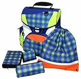 Idena 250043 - Schulranzenset, Ranzen, Schüleretui, Sportbeutel, Faulenzer, Geldbörse, kariert, 5-teilig, blau
