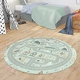 TT Home Teppich Kinderzimmer Kinderteppich Babymatte Straßen Motiv Tiere Wald Haus Junge, Farbe:Türkis, Größe:150 cm Rund