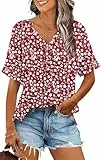 PLOKNRD T-Shirt Damen Sommer Knopfleiste Leichter Oberteile V-Ausschnitt Kurzarm Bluse Locker Tops(Rote Blumen,2XL)