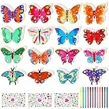 Kaisibum 47 Stück Schmetterling Bastelsets Kinder,32 Stück Schmetterling Holz Deko Basteln Kindergeburtstag Basteln mit Aquarellstift & Edelsteinaufkleber für ab 4 5 6 7 8 9 Jahre Kinder,16 Stile