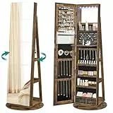 SONGMICS Schmuckschrank, Spiegelschrank, mit rahmenlosem Ganzkörperspiegel, 3 Ablagen, 360° drehbar, abschließbar, Oberfläche in Vintagebraun, Innenfutter in Schwarz JJC007X01