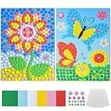 Canollo Mosaik Bastelset für Kinder, Blumen+Schmetterling Mosaik Aufkleber Set, Kreativitätssets für Kinder, DIY Diamanten Mosaik Klebebilder, DIY Basteln Geschenke für Mädchen Jungen Ab 3 Jahre