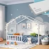 Bellabino Bia Kinderbett 90x200 cm – Hausbett mit Matratze, Rausfallschutz & Lattenrost – Montessori Bodenbett aus Massivholz Kiefer – Kinder Bett in Weiß für Jungen und Mädchen