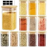 Cinnani 250ml Gewürzgläser Eckig Set luftdicht mit Holzdeckel, 12 Stück Gewürzdosen set Glas Gewürzbehälter Spice Jars Set Leere Gewürzflaschen mit Etiketten, Gewürzaufbewahrung für Kräuter & Tee