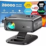 Beamer【Android 12 & 360° Drehung】 HORLAT Beamer Unterstützt 4K, 28000 Lumen Full HD 1080P WiFi 6 Bluetooth projektor, Auto Trapezkorrektur 50% Zoom Projector, Projektor für Smartphone/TV Stick