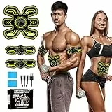 SEVEKO Bauchmuskeltrainer EMS Trainingsgerat, Bauchtrainer, Sicher Effektiv Schneller EMS Trainingsgerät Ganzkörper Muskeltrainer, 8 Modi und 15 Intensitäten, 10 Stück Ersatz-Hydrogels (Gelb)
