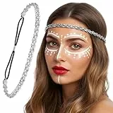 Stirnband Frauen Silber Glitzer Haarbänder Boho Haarreif Silber Elastisch Haarband Verstellbare Kopfkette Haarschmuck Glänzendes Stirnband für Damen Mädchen Hochzeiten Partys und Alltag