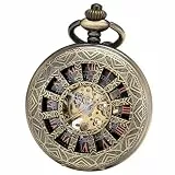 ManChDa Taschenuhr - Taschenuhr mit Kette Mechanisch Skelett Antik Steampunk Vintage 12-Kleines-Fenster Hohl Fall Fob Uhr für Herren | Bronze römische Ziffern