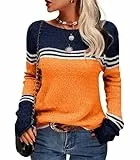 Damen Pullover Rundhals Colorblock Herbstpulli Stilvolle Slim Fit Gestreift Sweater Bequem Warm Strickpullover Langarm Tops Strickwaren (Orange, S)