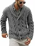 Herren-Strickjacke mit Zopfmuster, Schalkragen, lockere Passform, langärmelig, lässige Strickjacke, GRAU, XX-Large