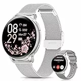 Sanorum Smartwatch Damen, 1.27' HD Screen Armbanduhr mit Telefonfunktion 120+ Sport, Menstruationszyklus SpO2 Pulsuhr Schlafmonitor Schrittzähler Fitness Tracker Rund, IP68 iOS Android Silber