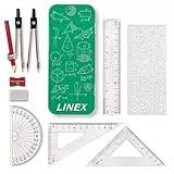 Linex Geometrie-Set, mit Zirkel, Bleistift, Radierer, Spitzer, Winkelmesser, Geodreieck, Lineal und Aufbewahrungsetui-Metallbox