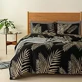 Gezu Bettwäsche 135x200 Schwarz Gold Blätter Muster Bettbezug 2 Teilig Microfaser Botanisch Palmenblätter Bettbezug 135x200 Weich Bettwäsche Set Reißverschluss und Kissenbezug 80x80 cm,Blätter Motiv