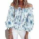 GOTOTOP Damen Schulterfrei Blumenmuster Oberteil Glockenärmel Top Sexy Trägerlos Sommer Elegant Rüschen Carmenbluse mit Spitze(XL-Blau)