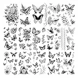 Acevegue 20 Blätter Temporäre Tattoos für Frauen, Erwachsene, Damen und Mädchen - Kleine Schwarze Schmetterling Klebetattoos zum Aufkleben - 3D Realistisch Fake Aufkleber mit Schmetterling und Blumen
