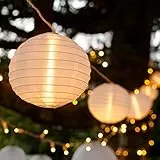 Lights4fun Lampion-Lichterkette | Insgesamt 10 XL- Lampions | warmweiße LEDs | Koppelbar & strombetrieben | IP44-geprüt | Beleuchtung für Garten, Balkon & Terrasse | Länge Lichterkette 7 m | Weiß