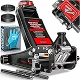 MASKO® Wagenheber hydraulisch 3T Flache Hubhöhe 85-485mm 3X Gummiauflage KFZ Rangierwagenheber SUV, 360° Rollen, inkl. Handschuhe, Rollen Heber Unterstellbock für tiefergelegt bis hoch