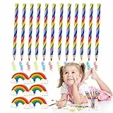 Augesak 24 Stück Regenbogen Buntstifte Set, 12 Regenbogenstifte Kinder mit 12 Regenbogen Radiergummi, Farbstifte Malen Zeichnen, 4 in 1 Bunte Stifte, Mitgebsel Kindergeburtstag Schulkind Einschulung