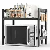 Glovios Erweiterbares Mikrowellen Regal Stehend Mikrowellenregal für Küche Organizer Mikrowellenständer Küchenregal Arbeitsplatte Bäckerregal Mikrowellenhalter mit 6 Haken (Schwarz)