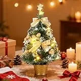 KUWUNG Kleiner Weihnachtsbaum Mit Beleuchtung, 40CM Mini Weihnachtsbaum mit LED Lichtern,Weihnachtskugeln und Ornamenten,Desktop Deko Künstlicher Weihnachtsbaum Klein mit LED Lichtern(Gold)