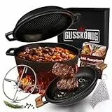 GUSSKÖNIG Dutch Oven - 2in1 Eingebrannter Gusseisen Topf 4,8L & Gusspfanne 1,8L - Dutch Oven Set mit Schmortopf Doppelfunktion - inkl. Kochbuch & Zubehör für BBQ, Camping & Küche