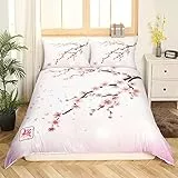Homewish Kirschblüten Bettwäsche Set Im Japanischen Stil Romantisches Thema Rosa Trösterbezug Set Botanischer Blumenzweig Bedruckter Bettbezug Frauen Mädchen Paar Teen Weiche Tagesdecke, 135x200