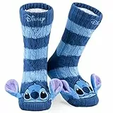 Disney Kuschelsocken Damen Teenager mit 3D-Ohren Größe 35–41, Flauschig Rutschfest ABS Stoppersocken, Geschenke für Frauen (Blau Sttch)