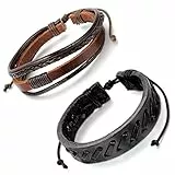 Aroncent 2PCS Herren Damen Armband, Retro Geflochten Köper Armreif Wickelnarmband Lederarmband, Schwarz Braun