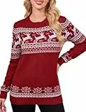 Clearlove Damen Weihnachtspullover Christmas Sweater mit Rentiermuster Strickpulli Rundhals Langarm Warme Strickpullover Winter Pullover, Rot, M