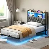 YITAHOME Bettgestell LED mit Kopfteil LED-Beleuchtung USB-Ladestation inkl Kopfteil schwebendes Design Metallrahmen Stoffbezug in grau ohne Matratze 140X200CM