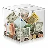 Transparent Spardose Nicht zum öffnen, Spardosen, Geldsparkasse, Klare Acryl Spardose Durchsichtig Spar Box für Scheine Sparschwein für Erwachsene(12x12x12cm)