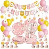 SUNBEAUTY 116 Stück Gänseblümchen Partygeschirr Set,Weiße Gänseblümchen Blumen Geburtstag Party Dekorationen einschließlich Papier Teller Pappbecher Servietten Luftballons für Kinder Geburtstag Party